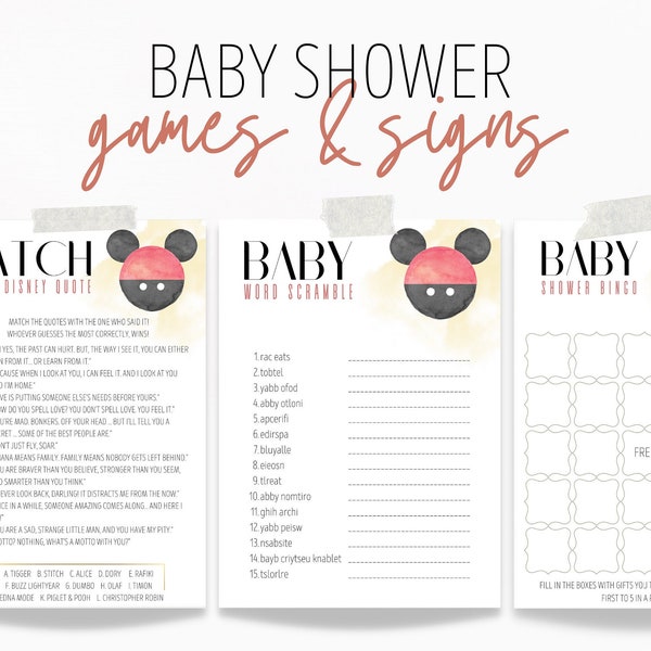 Classic Mickey Mouse Baby Shower Games & Signs Bundle, Measure the Bump, Advice and Wishes, Red, Gold, and Black