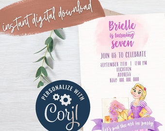Tangled Birthday Invitation, Rapunzel Paint Party, Watercolor Art Print and Share Invite