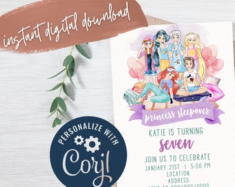 Princess Sleepover Birthday Invitation, Slumber Party Invite, Elsa, Rapunzel, Belle, Ariel, Jasmine, Princess Print and Share