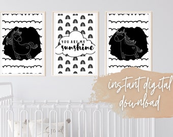 Unicorn Nursery Prints: Rainbow, Sunshine, Monochromatic Decor (Set of 3) (Digital Download)