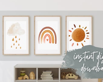 Watercolor Rainbow Print Set: Sun, Rain, Nursery Decor (Digital Download)