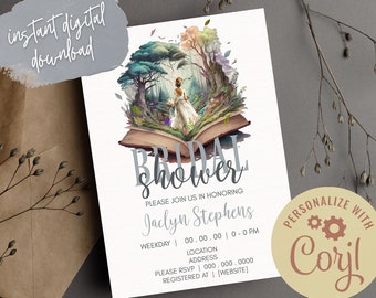 Fantasy Book Bridal Shower Invitation, Storybook Bride Invite, Watercolor Woodland Wedding Evite