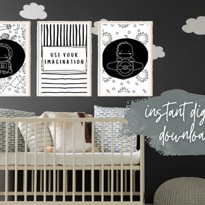 Dinosaur Astronaut Airplane Prints: Monochromatic Nursery Art (Set of 3) (Digital Download)