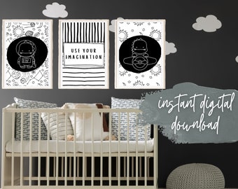 Dinosaur Astronaut Airplane Prints: Monochromatic Nursery Art (Set of 3) (Digital Download)