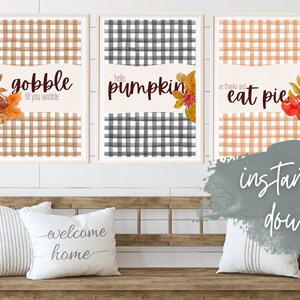 Hello Pumpkin Impresiones digitales, Arte de pared de granja a cuadros de otoño, Decoración de interiores, Cubierta del planificador, Estacionario, Conjunto de 3