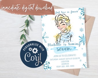 Faire-part d'anniversaire La Reine des neiges, invitation à une fête Elsa, aquarelle neige Evite