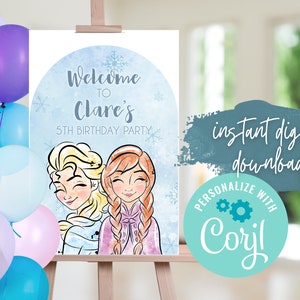 Frozen Welcome Sign, Elsa and Anna Birthday Party Sign, Watercolor Poster, Floral Banner