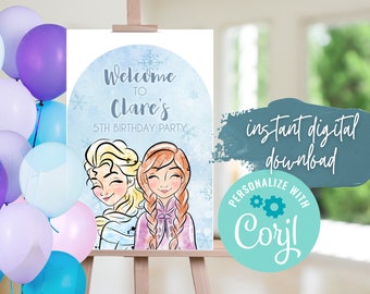 Frozen Welcome Sign, Elsa and Anna Birthday Party Sign, Watercolor Poster, Floral Banner