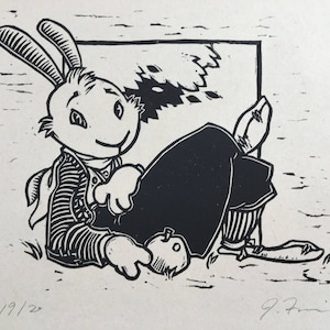 Rabbit with an Apple linocut print