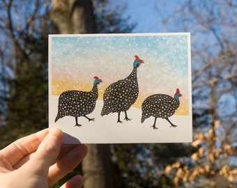 Guinea Hens Crossing - Winter Scene Greeting Card