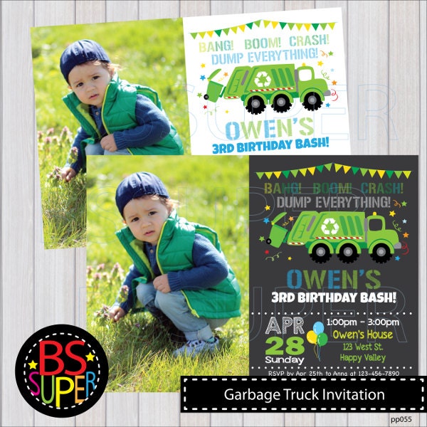 Garbage Truck Birthday birthday invitation, Garbage Truck Birthday Invite, Garbage party, Recycle truck party