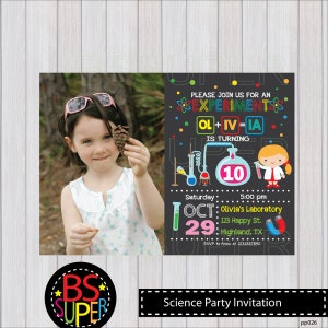 Science birthday Invitation, Science party invites, Mad Science birthday party invitation Black - with photo