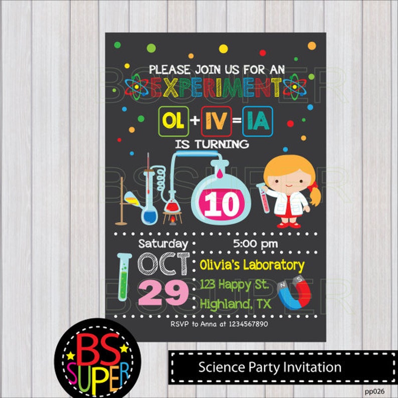 Science birthday Invitation, Science party invites, Mad Science birthday party invitation Black - no photo
