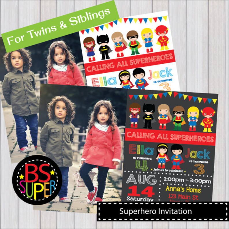 SUPERHERO PARTY Invitation Two Kids Superhero Party Birthday Etsy
