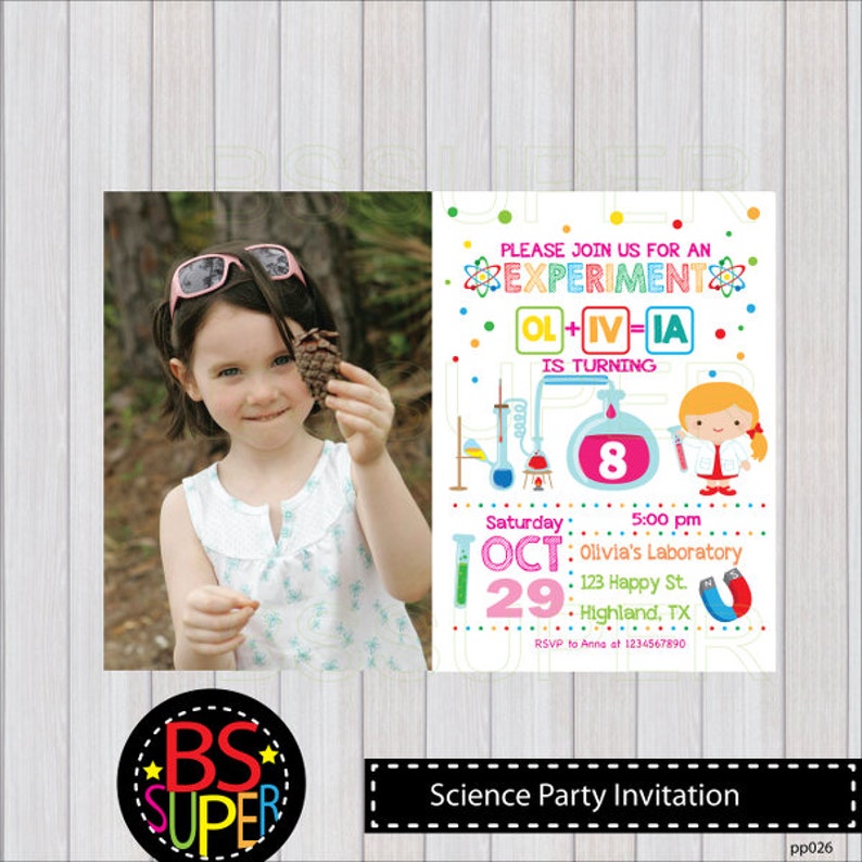 Science birthday Invitation, Science party invites, Mad Science birthday party invitation White - with photo
