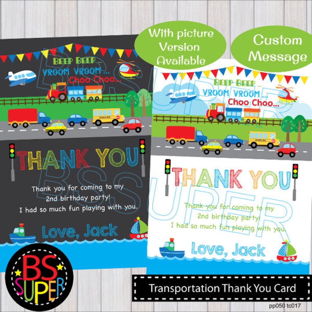 Transportation Birthday Thank You Card, Transportation Thank You, Car ...
