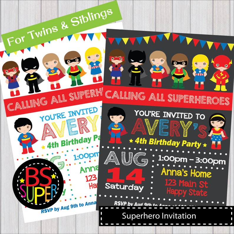 SUPERHERO PARTY Invitation Two Kids Superhero Party Birthday Etsy