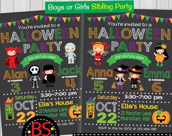 HALLOWEEN PARTY Invitation, Halloween Birthday Party invitation, Halloween invitation, Costume Party Invitation, for twin and sibling