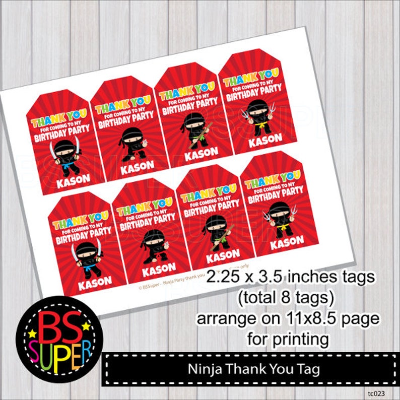 Ninja Party Favor Tags Ninja Thank You Tags Ninja Birthday Favor Tags