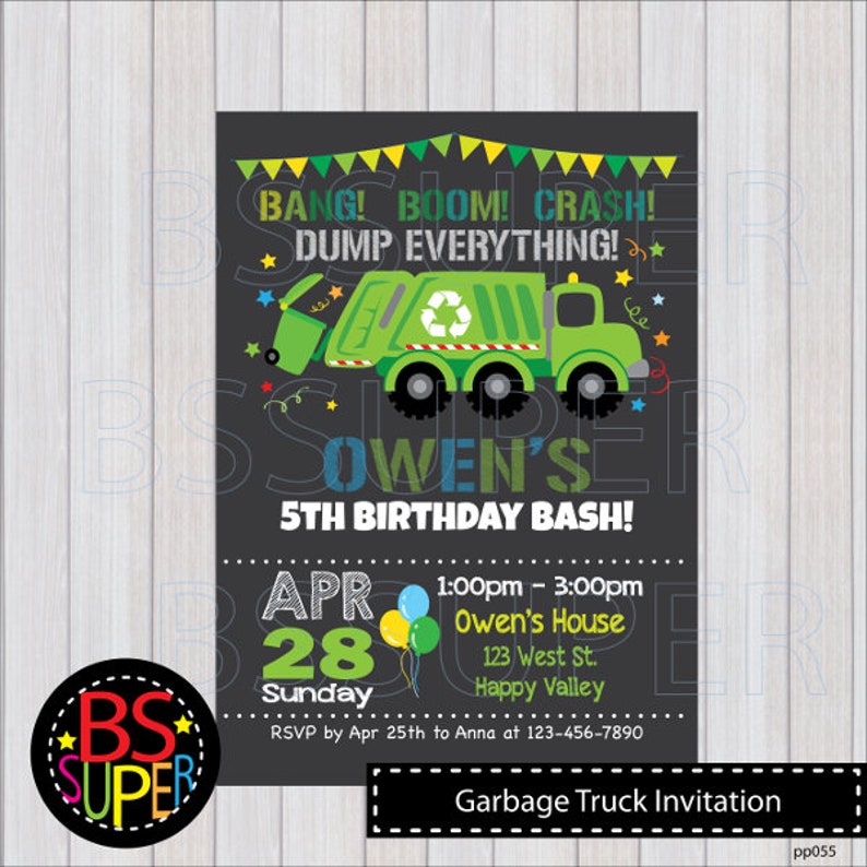 Garbage Truck Birthday Birthday Invitation Garbage Truck Etsy