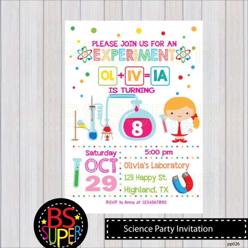 Science birthday Invitation, Science party invites, Mad Science birthday party invitation White - no photo