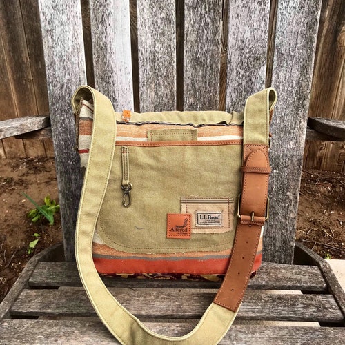 Handmade shops recycled leather, tapestry, canvas patchwork organizational shoulder or crossbody bag with belted adjustable strap