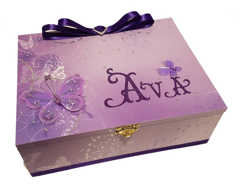 Engraved with A Message of Your Choosing Personalised Purple and White Butterfly Trinket Box