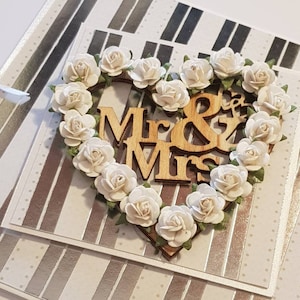 Mr and Mrs Silver and White Striped Layered Wedding Card with White Roses Personalised