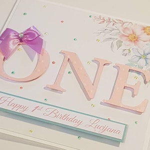 Personalised First Birthday and ONE Keepsake card in Spring Flowers and Pastel Colours