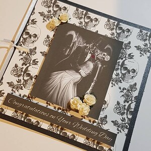 Gothic White and Black Wedding Card - Personalised with Names Skulls and Roses Theme