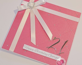 Fuchsia Hot Pink, Birthday Card, Milestone Birthday Card, Happy Birthday Card, Personalised Card Metallic Shimmer Deep Pink & White