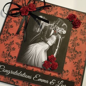 Gothic Red and Black Wedding Card - Personalised with Names - Skulls and Roses Theme