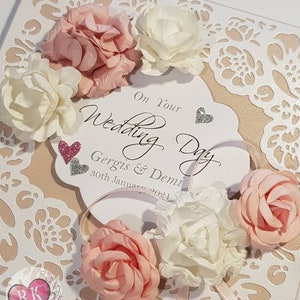 Personalised Soft Pink and White Flowers Wedding Card with Blush Pink and Detailed Metallic White background