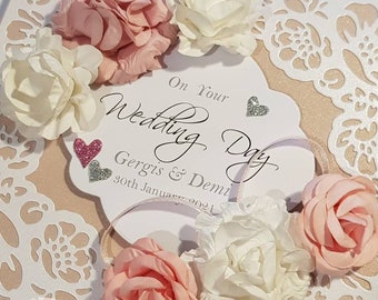 Personalised Soft Pink and White Flowers Wedding Card with Blush Pink and Detailed Metallic White background