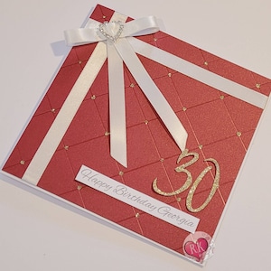 Deep Red, White,  Gold, Birthday Card, Milestone Birthday Card, Happy Birthday Card, Personalised Card Metallic Shimmer Deep Pink & White