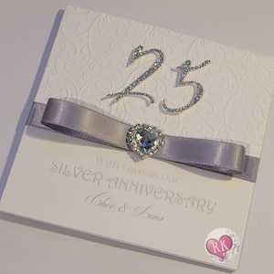 Silver 25 Years Wedding Anniversary Card in White & Silver Personalised