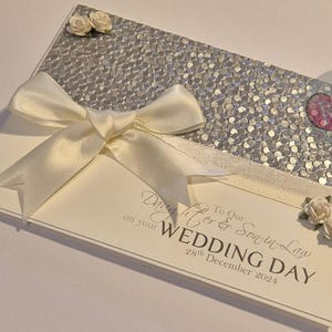 White Silver Wedding Card with Pebble Paper & Large Bow - Personalised