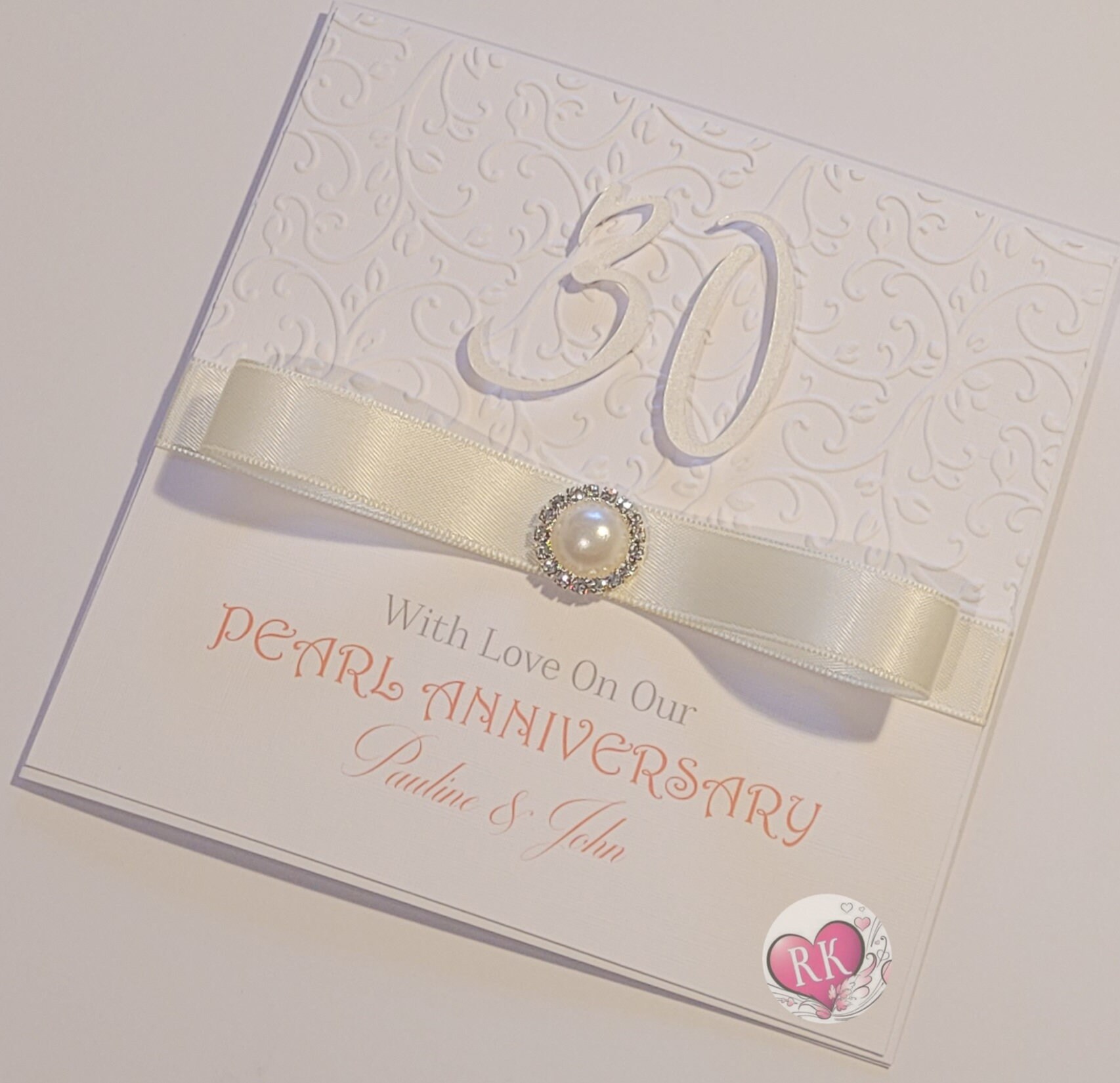 Pearl 30 Years Wedding Anniversary Card in White & Pearl Personalised ...
