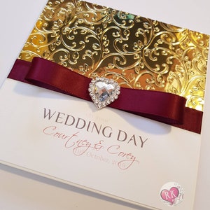Gold, Burgundy & White Wedding Card - Personalised