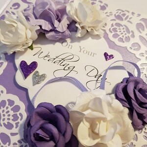 Personalised Soft Lilac and White Flowers Wedding Card with Lilac and Detailed Metallic White background