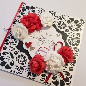 Personalised Wedding Card, Red and White Flowers Wedding Card with Black and Detailed Metallic White Background