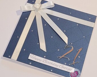 Navy Blue, Birthday Card, Milestone Birthday Card, Happy Birthday Card, Personalised Card Metallic Shimmer Navy & White