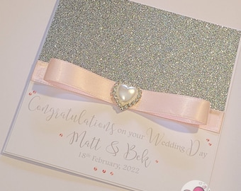 Silver Glitter & Pink Wedding Card - Personalised