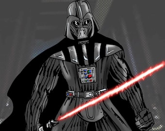 May include: A black and silver Darth Vader action figure with a red lightsaber. The figure is standing on a gray and white patterned surface.