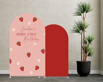 Custom Berry First Arch Backdrop Cover –Red Berry Sweet Baby is On The Way Baby Shower, Strawberry Pink Birthday Party–Spandex Fabric Cover