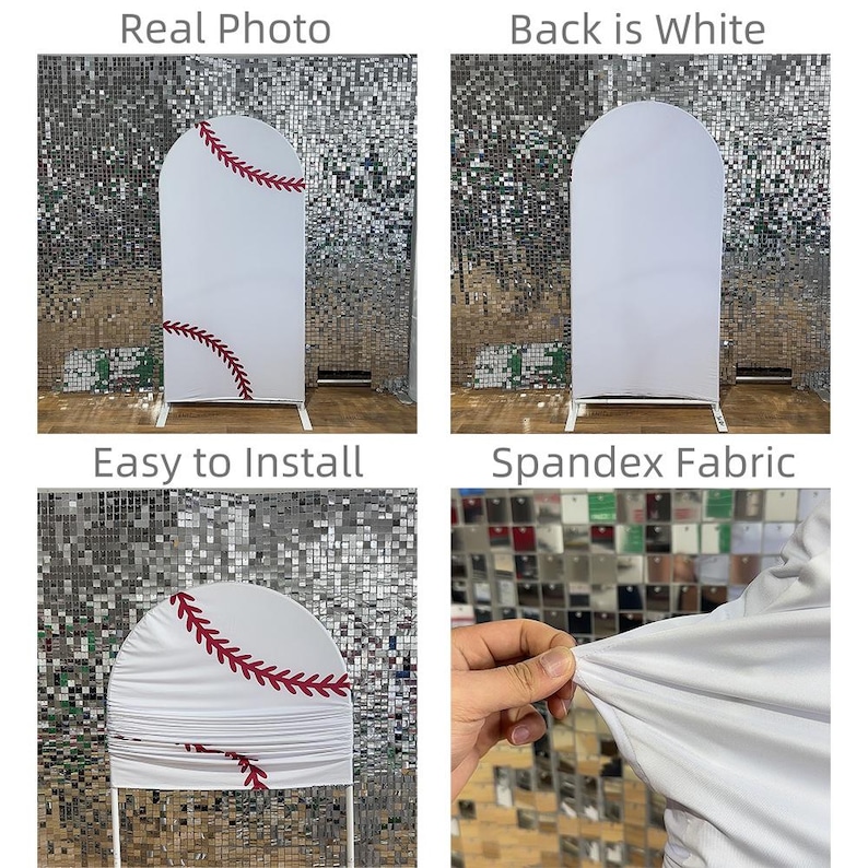 May include: White baseball-themed arch backdrop with red stitching detail. The backdrop is made of spandex fabric and is easy to install. The back of the backdrop is white. The words "Real Photo", "Back is White", "Easy to Install", and "Spandex Fabric" are visible.