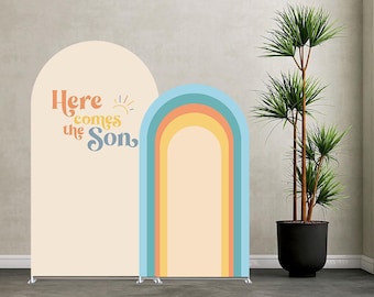 Sun Arch Backdrop Cover –Here Comes the Son Baby Shower Decorations,Retro Groovy Sunshine Boys Birthday Party–Spandex Fabric Cover