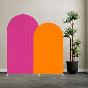 Puede incluir: Dos paneles de fondo arqueados, uno rosa intenso con líneas verticales y otro naranja brillante. Los paneles están sobre soportes plateados, contra una pared neutra y una planta en maceta.