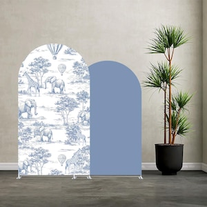 Blue Safari Arch Backdrop Cover: Vintage Toile de Jouy Jungle Theme