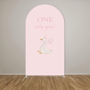 May include: A pink arch-shaped backdrop with the words "ONE silly goose" in light pink. A watercolor illustration of a white goose wearing a party hat and holding a pink balloon is featured below the text. The backdrop is supported by a silver metal frame.
